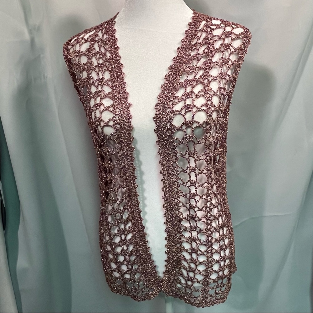 Hand Crochet Open Front Vest in Shiny Dusty Rose M/L Festival Retro Whimsical